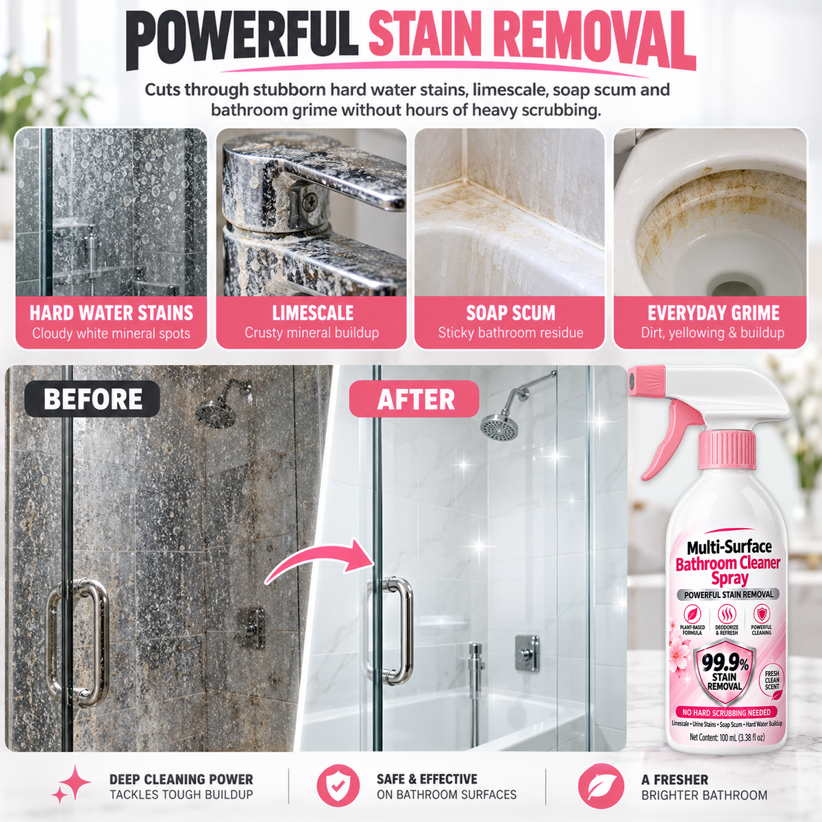 2026 HOT SALE🥳💞50K+ SOLD! Multi-Purpose Bathroom Cleaner Spray for Sink Tub Floor Tile for Limescale, Urine Stains, Toilet Rings, Soap Scum & Hard Water Stains